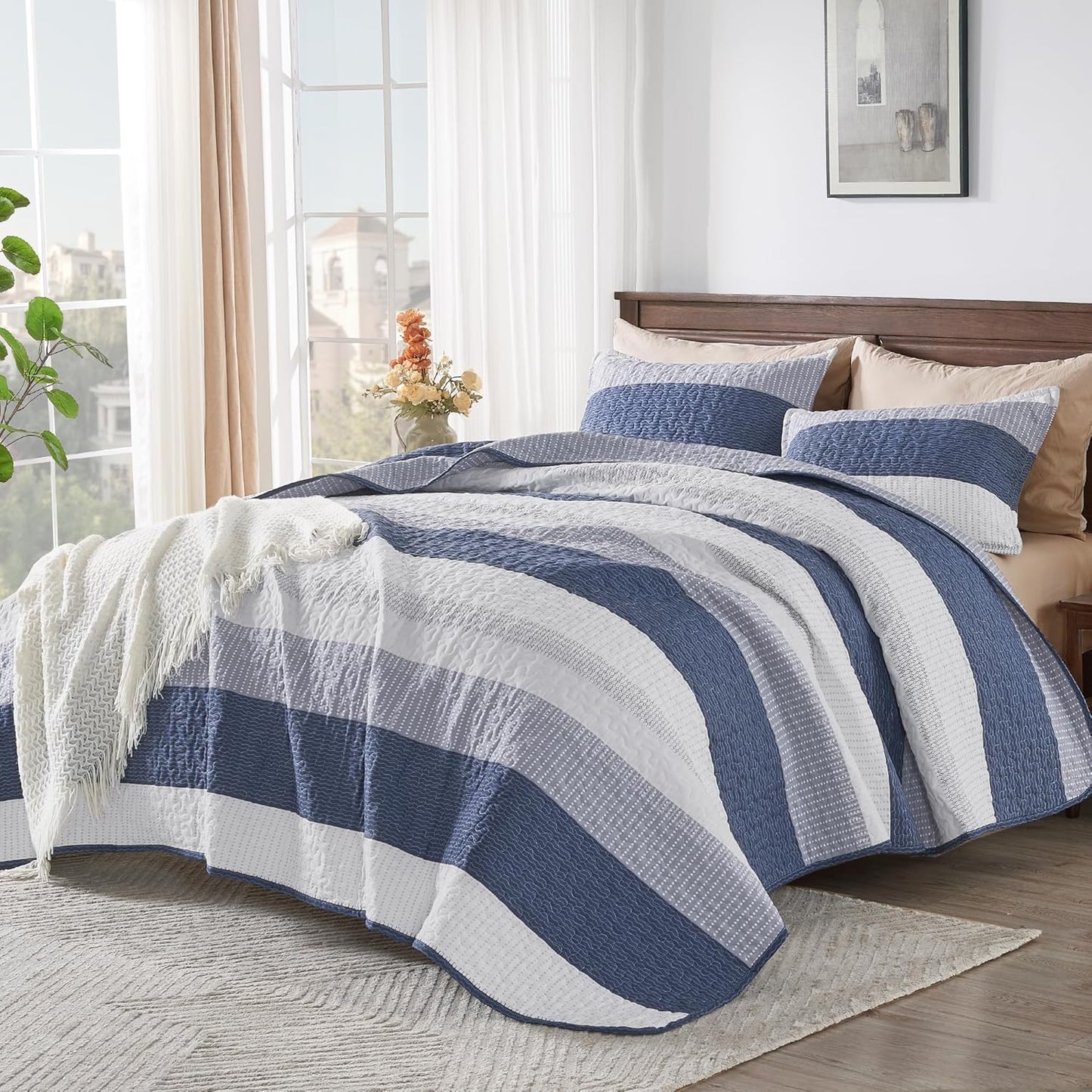 King Size Quilt Set Mineral Blue, 3 Pieces Summer Ultra Soft Lightweight Bedspreads & Coverlets Set, Patchwork Striped Quilted Bedding Sets for All Seasons (1 Quilt, 2 Pillow Shams)