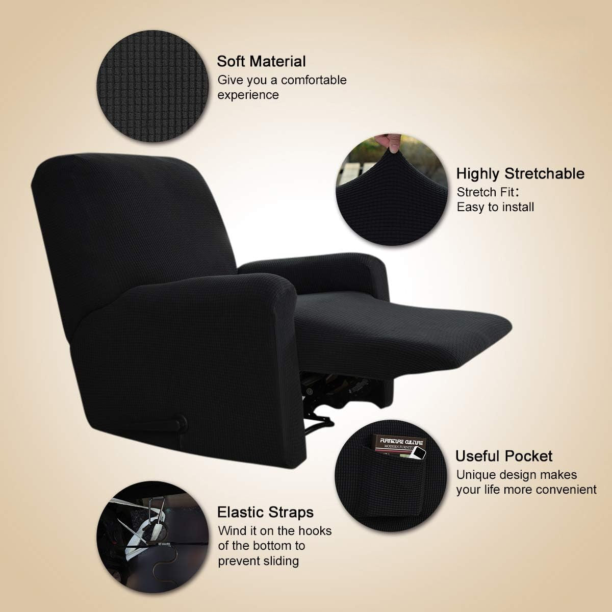 Recliner Stretch Sofa Slipcover Sofa Cover 4-Pieces Furniture Protector Couch Soft with Elastic Bottom Spandex Jacquard Fabric Small Checks(Large,Black)