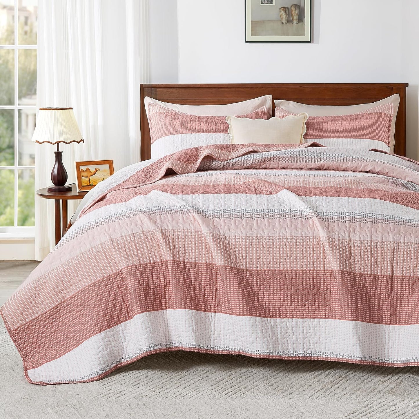 King Size Quilt Set Mineral Blue, 3 Pieces Summer Ultra Soft Lightweight Bedspreads & Coverlets Set, Patchwork Striped Quilted Bedding Sets for All Seasons (1 Quilt, 2 Pillow Shams)