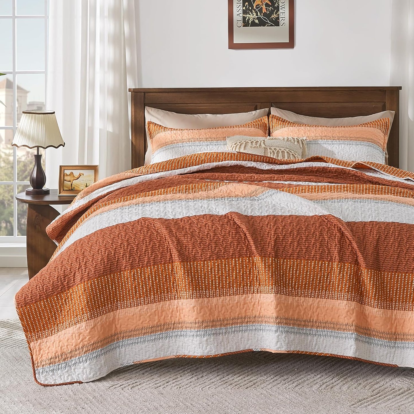 King Size Quilt Set Mineral Blue, 3 Pieces Summer Ultra Soft Lightweight Bedspreads & Coverlets Set, Patchwork Striped Quilted Bedding Sets for All Seasons (1 Quilt, 2 Pillow Shams)