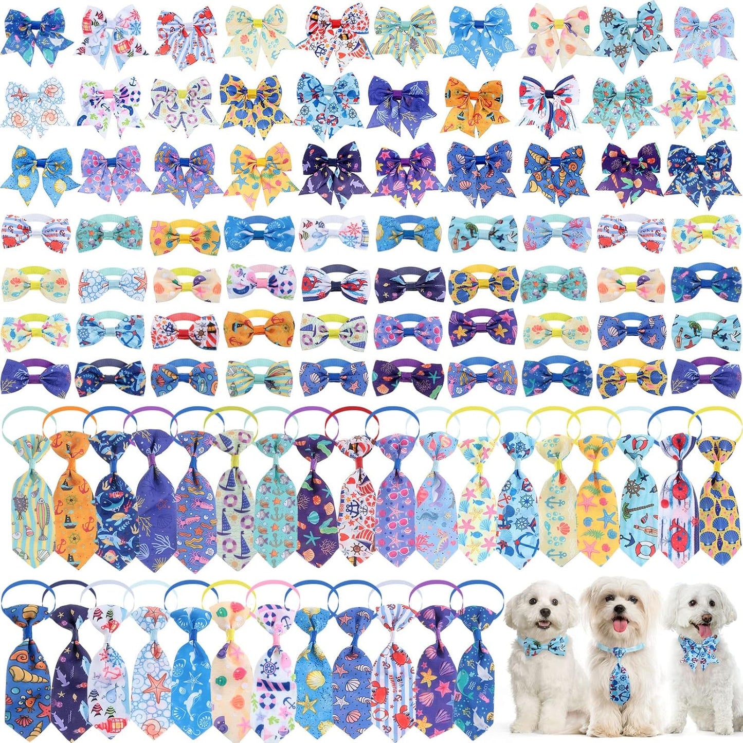 100 Pieces Dog Bow Tie Collar Set Include 40 Dog Neckties, and 30 Puppy Bowties, 30 Collar Flowers, Adjustable Pet Ties Grooming for Small Medium Cats Pets Supply(Paw Bone)