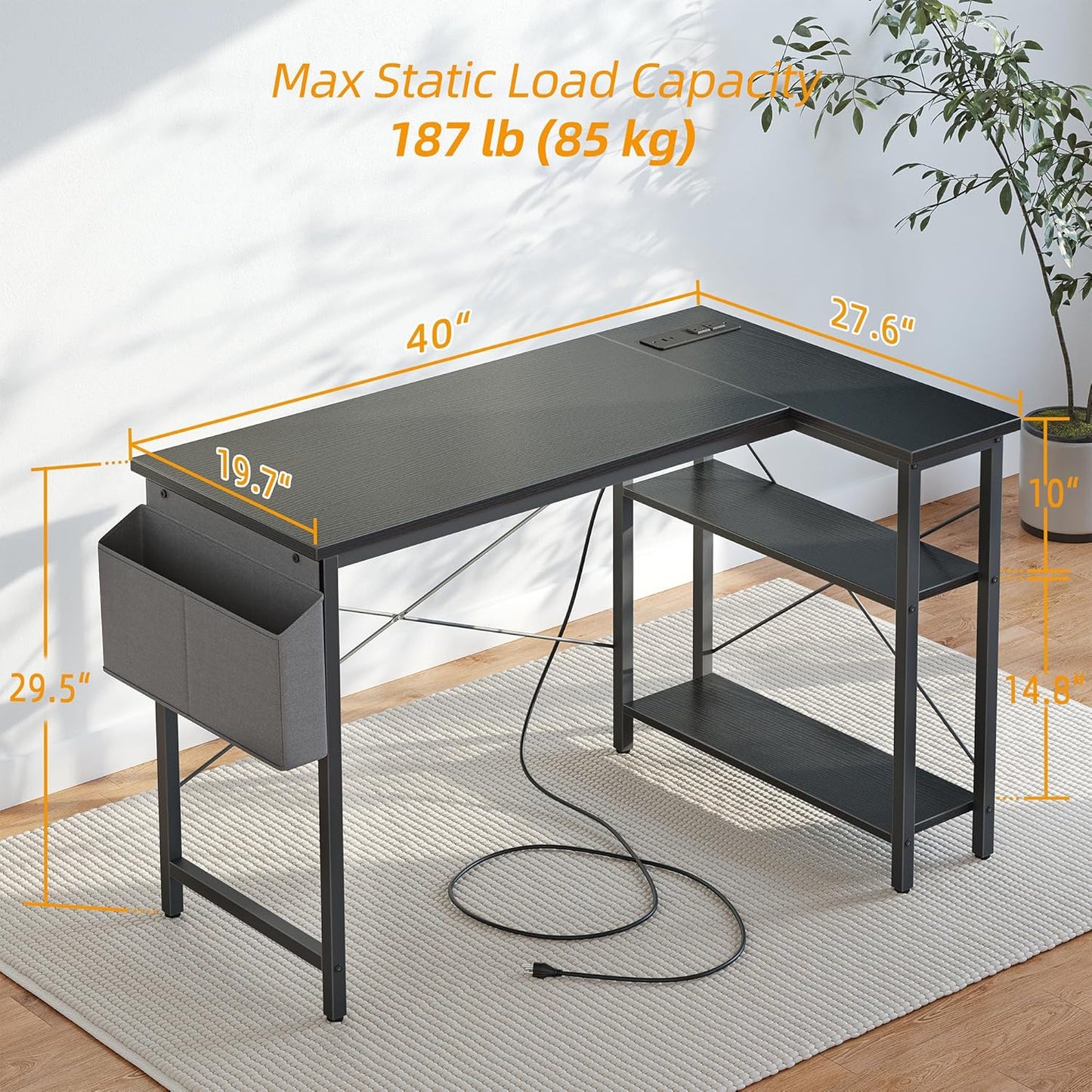 Small Computer Desk with Power Outlets, 40 Inch L Shaped Desk with Reversible Shelves, Gaming Desk Corner Desk Study Writing Table for Home Office Bedroom Living Room, Black