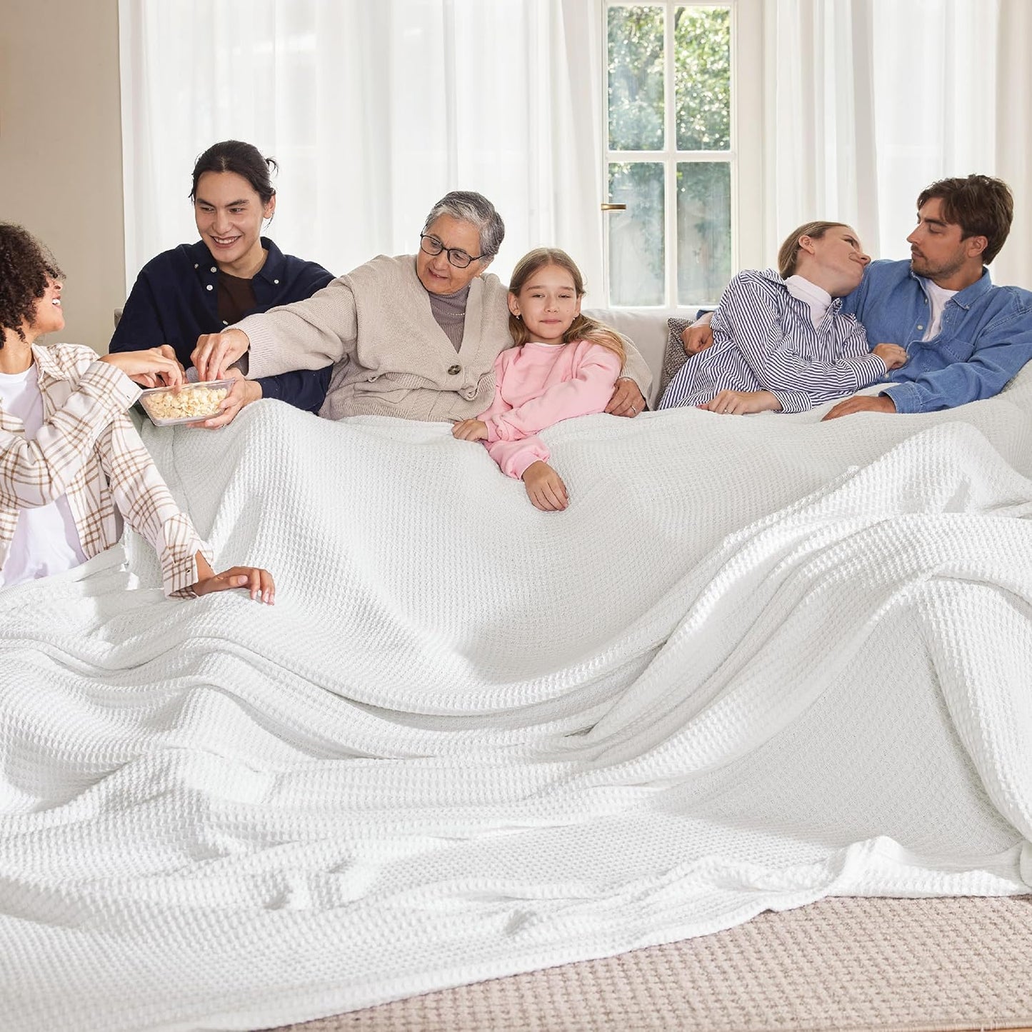 100% Cotton Blanket Queen Size for Bed - Breathable and Soft, Waffle Weave Blanket for Summer Spring, White, 90x90 Inches