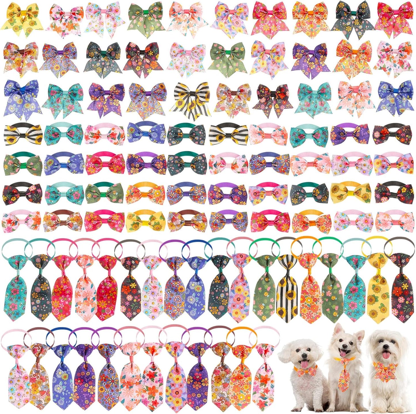 100 Pieces Dog Bow Tie Collar Set Include 40 Dog Neckties, and 30 Puppy Bowties, 30 Collar Flowers, Adjustable Pet Ties Grooming for Small Medium Cats Pets Supply(Paw Bone)
