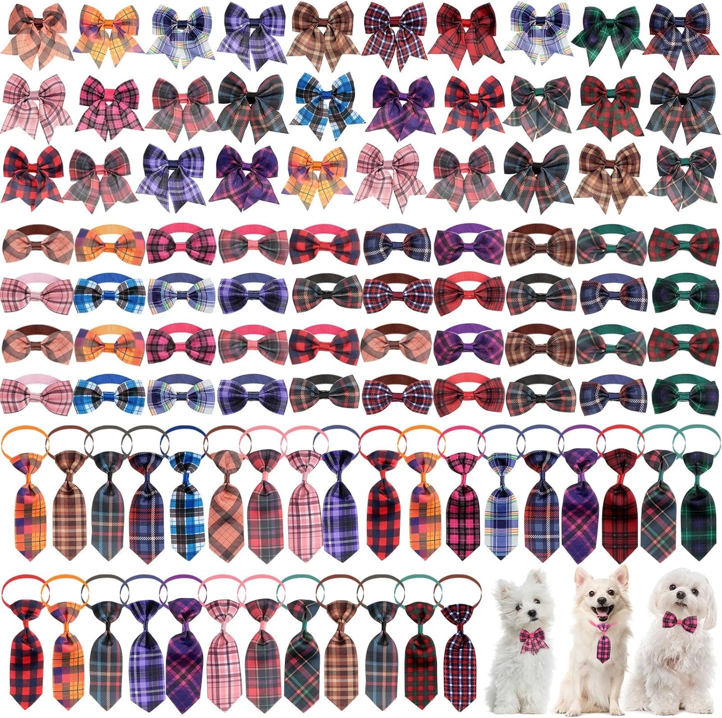 100 Pieces Dog Bow Tie Collar Set Include 40 Dog Neckties, and 30 Puppy Bowties, 30 Collar Flowers, Adjustable Pet Ties Grooming for Small Medium Cats Pets Supply(Paw Bone)