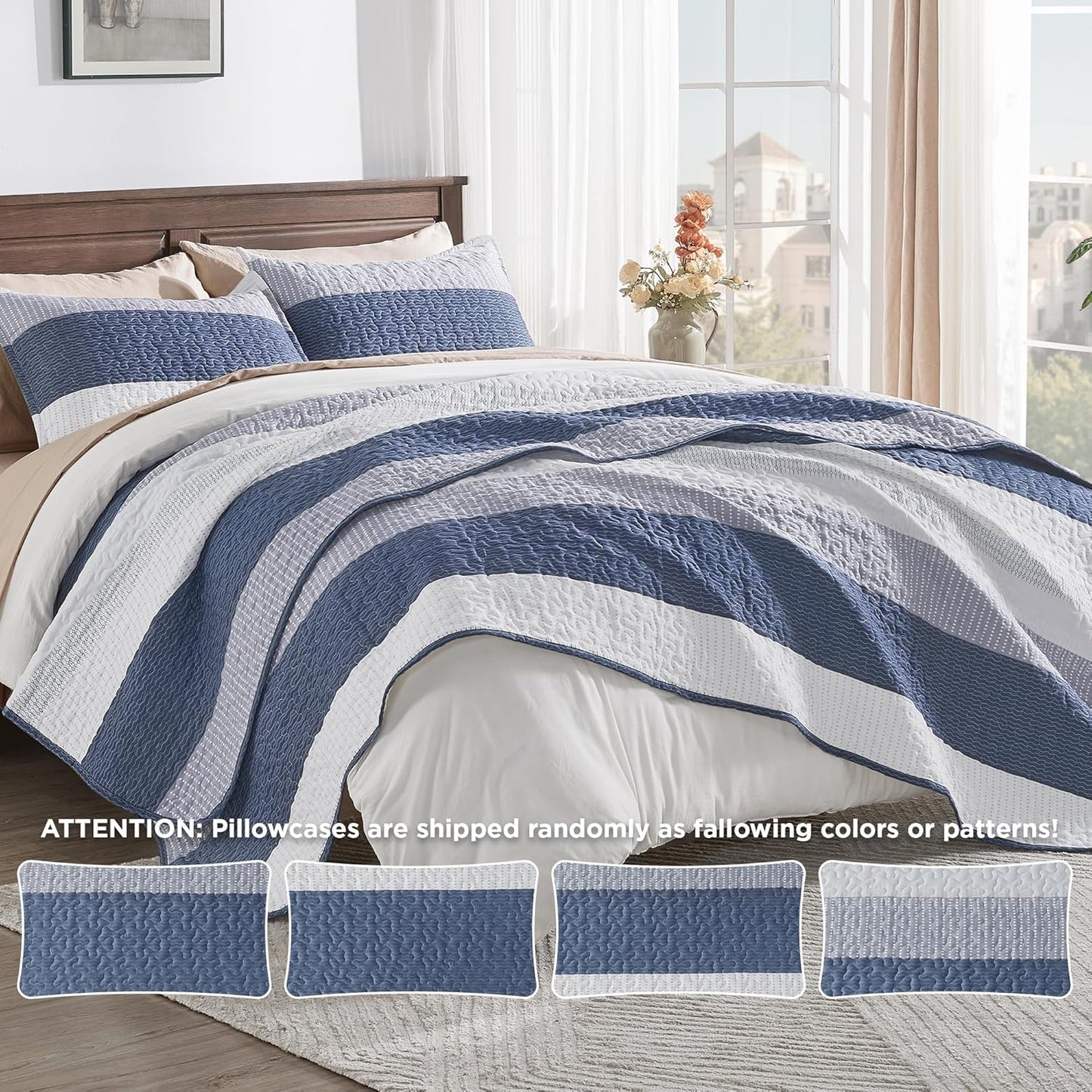King Size Quilt Set Mineral Blue, 3 Pieces Summer Ultra Soft Lightweight Bedspreads & Coverlets Set, Patchwork Striped Quilted Bedding Sets for All Seasons (1 Quilt, 2 Pillow Shams)