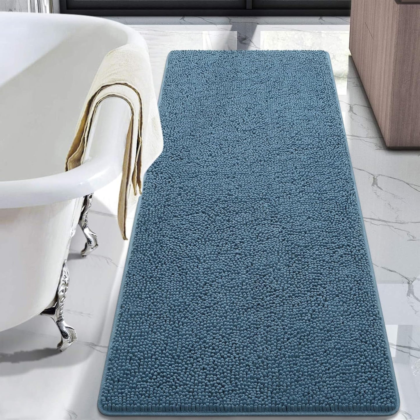 Luxury Bathroom Rug Shaggy Bath Mat 24 x 60 Inch, Washable Non Slip Bath Rugs for Bathroom Shower, Soft Plush Chenille Absorbent Carpets Mats, Black