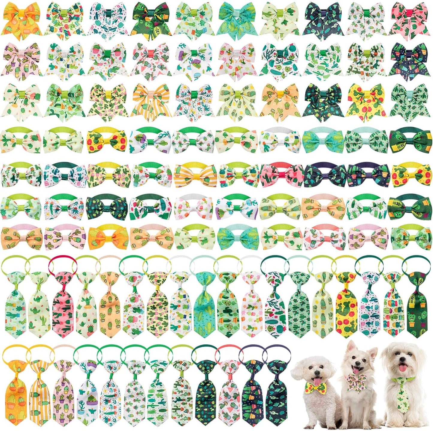 100 Pieces Dog Bow Tie Collar Set Include 40 Dog Neckties, and 30 Puppy Bowties, 30 Collar Flowers, Adjustable Pet Ties Grooming for Small Medium Cats Pets Supply(Paw Bone)