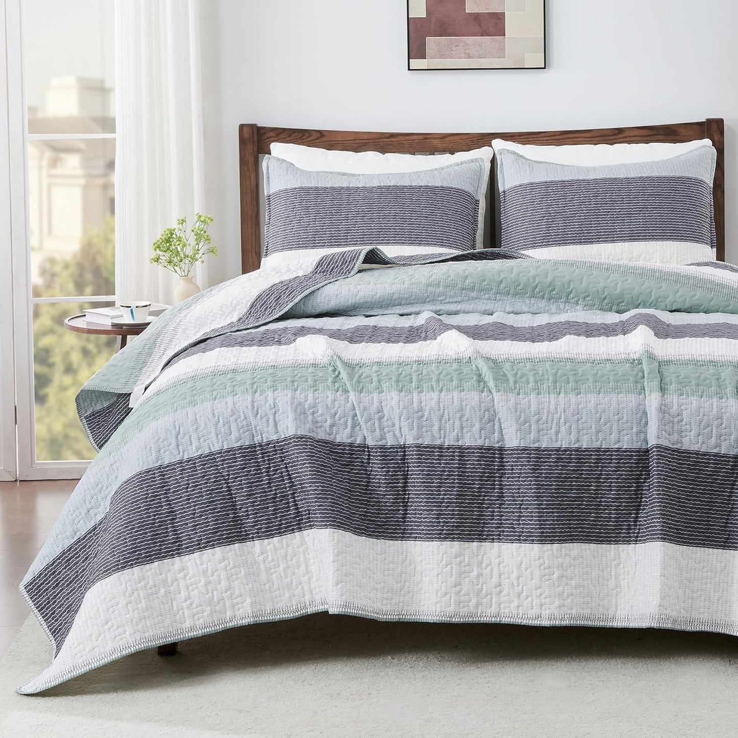 King Size Quilt Set Mineral Blue, 3 Pieces Summer Ultra Soft Lightweight Bedspreads & Coverlets Set, Patchwork Striped Quilted Bedding Sets for All Seasons (1 Quilt, 2 Pillow Shams)