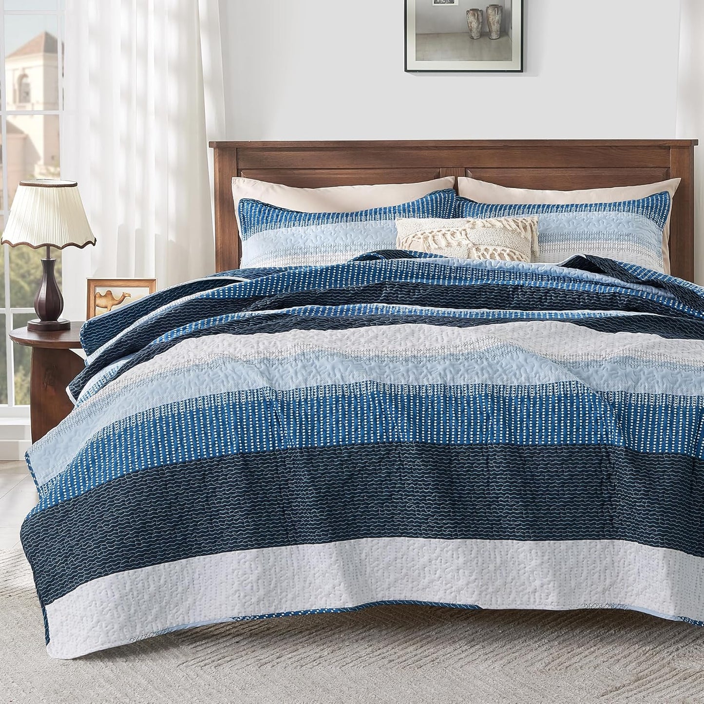 King Size Quilt Set Mineral Blue, 3 Pieces Summer Ultra Soft Lightweight Bedspreads & Coverlets Set, Patchwork Striped Quilted Bedding Sets for All Seasons (1 Quilt, 2 Pillow Shams)
