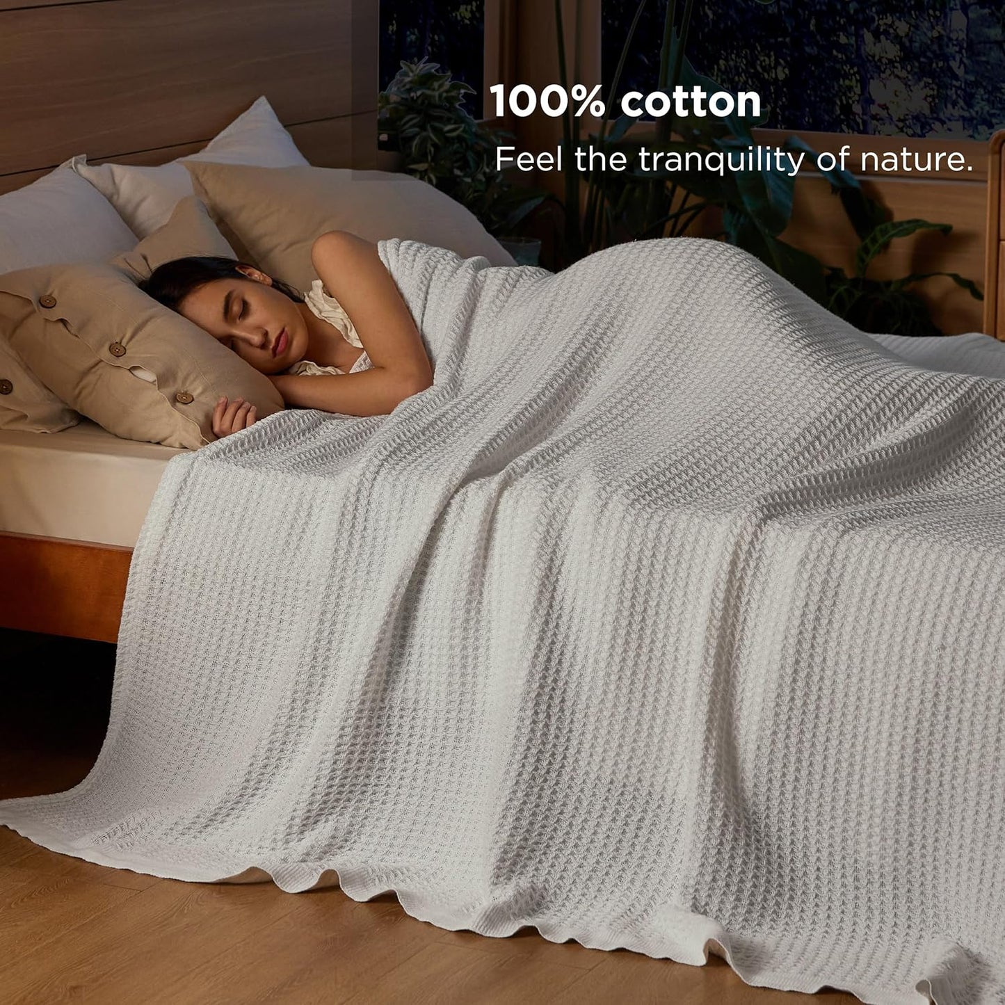 100% Cotton Blanket Queen Size for Bed - Breathable and Soft, Waffle Weave Blanket for Summer Spring, White, 90x90 Inches