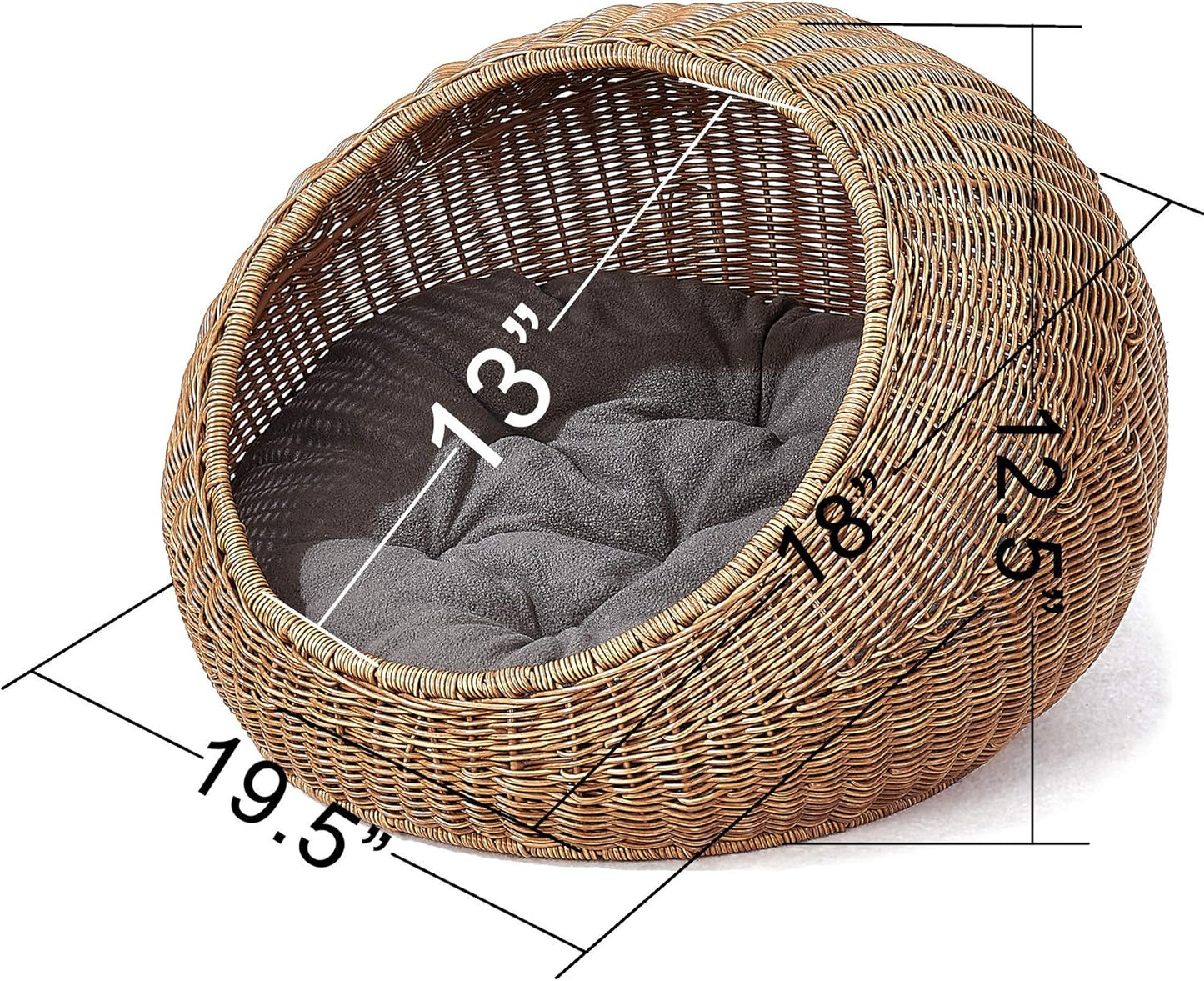 Wicker Cat Bed Dome for Medium Indoor Cats - a Covered Cat Hideaway Hut of Faux Rattan Houses Pets in Dome Basket, Washable