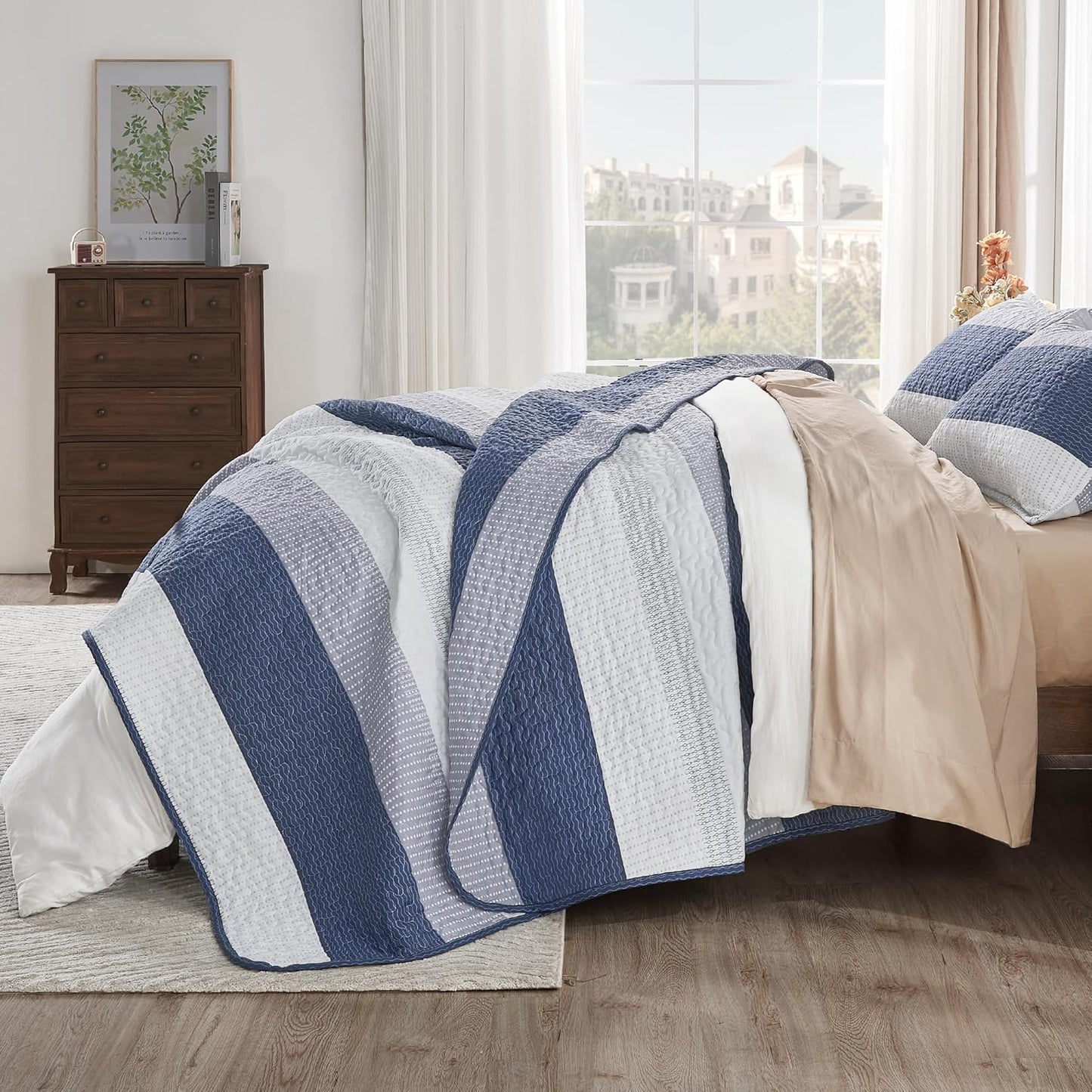 King Size Quilt Set Mineral Blue, 3 Pieces Summer Ultra Soft Lightweight Bedspreads & Coverlets Set, Patchwork Striped Quilted Bedding Sets for All Seasons (1 Quilt, 2 Pillow Shams)