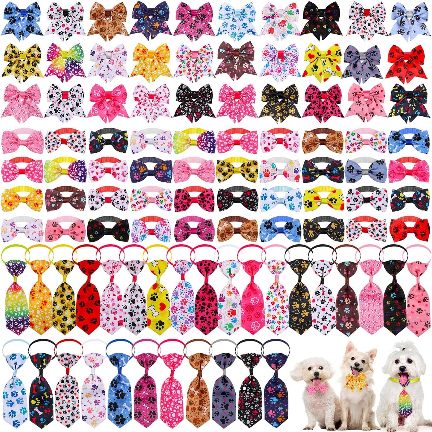 100 Pieces Dog Bow Tie Collar Set Include 40 Dog Neckties, and 30 Puppy Bowties, 30 Collar Flowers, Adjustable Pet Ties Grooming for Small Medium Cats Pets Supply(Paw Bone)