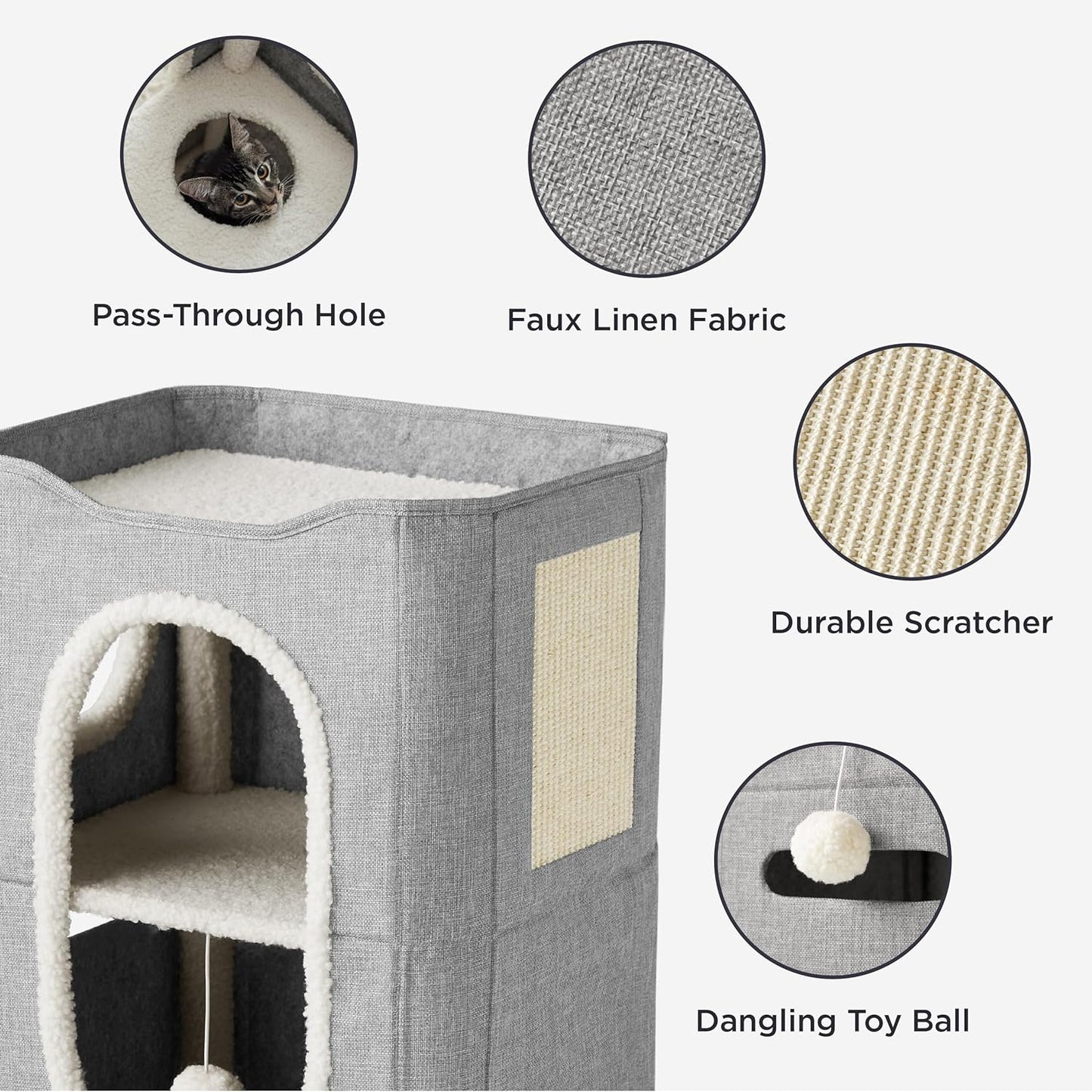 2-Level Cat House for Indoor Cats - Small Cat Towers with Scratch Pad and Hideaway Condo, Cat Cave Bed Furniture for Multi Pets and Large Cats, 18x14x23 inches, Grey