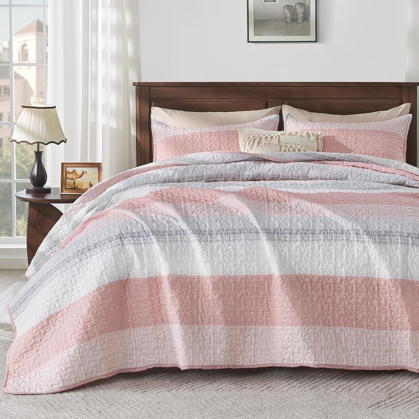 King Size Quilt Set Mineral Blue, 3 Pieces Summer Ultra Soft Lightweight Bedspreads & Coverlets Set, Patchwork Striped Quilted Bedding Sets for All Seasons (1 Quilt, 2 Pillow Shams)