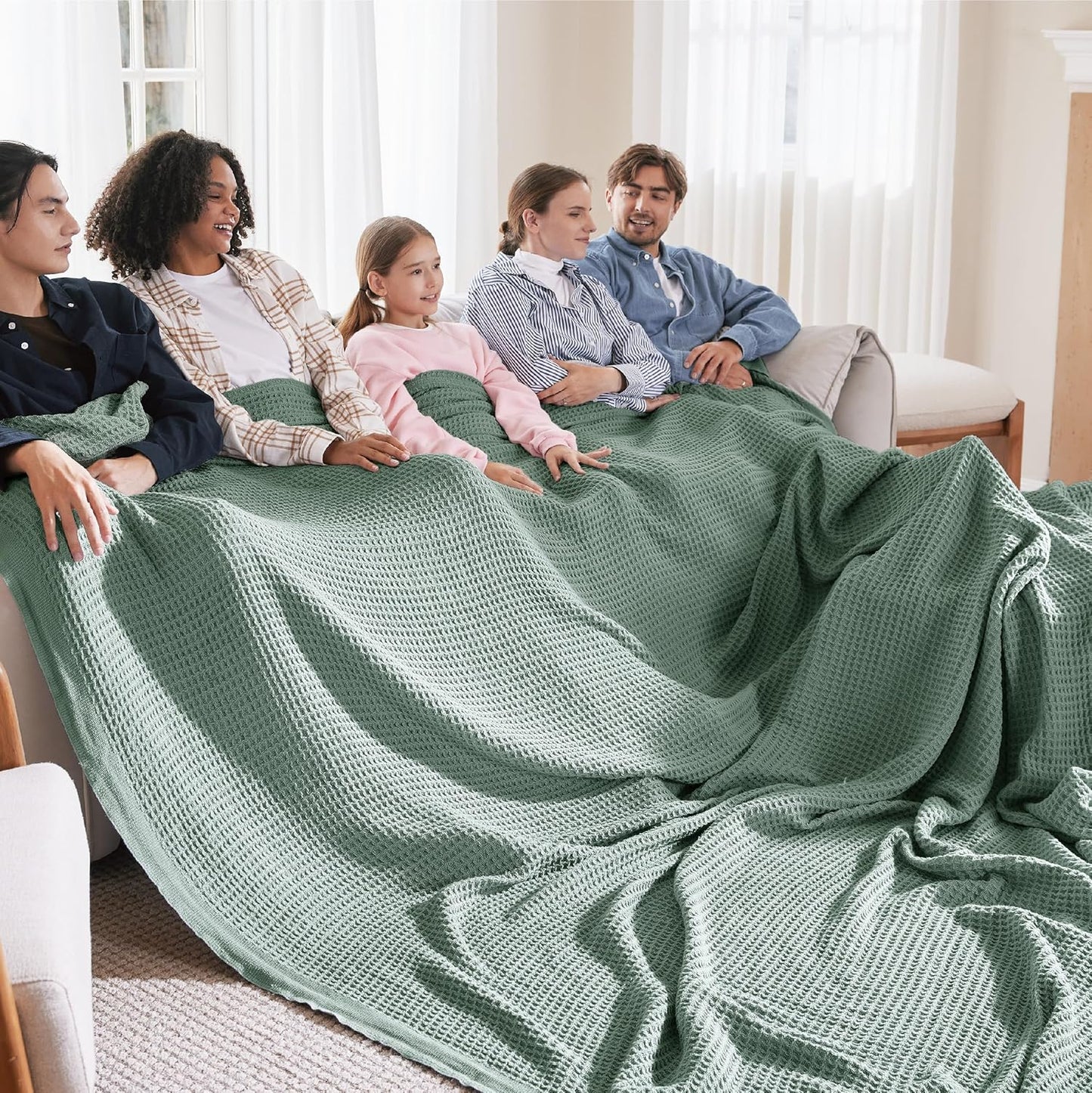 100% Cotton Blanket Queen Size for Bed - Breathable and Soft, Waffle Weave Blanket for Summer Spring, White, 90x90 Inches