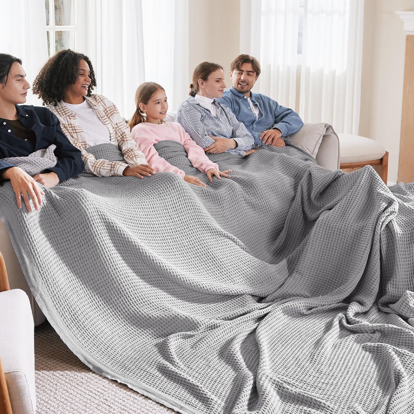100% Cotton Blanket Queen Size for Bed - Breathable and Soft, Waffle Weave Blanket for Summer Spring, White, 90x90 Inches