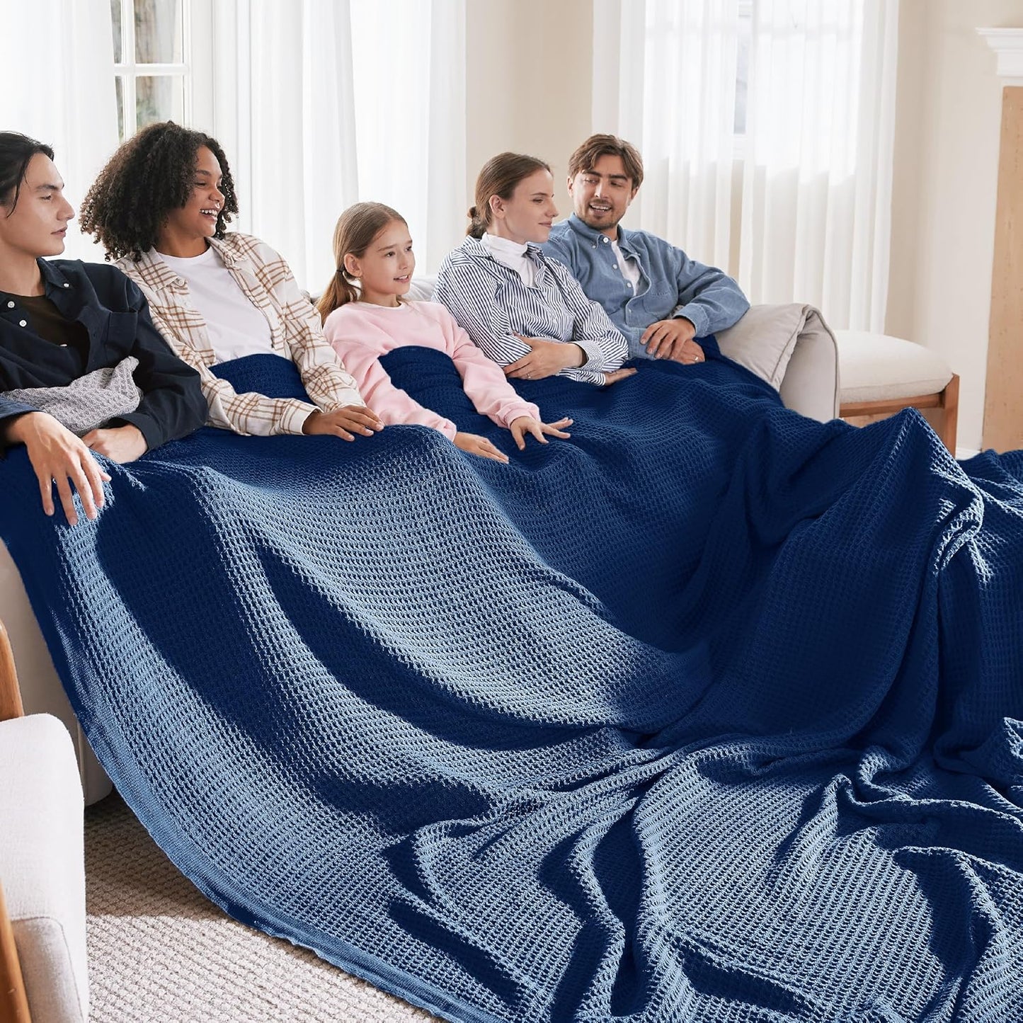 100% Cotton Blanket Queen Size for Bed - Breathable and Soft, Waffle Weave Blanket for Summer Spring, White, 90x90 Inches