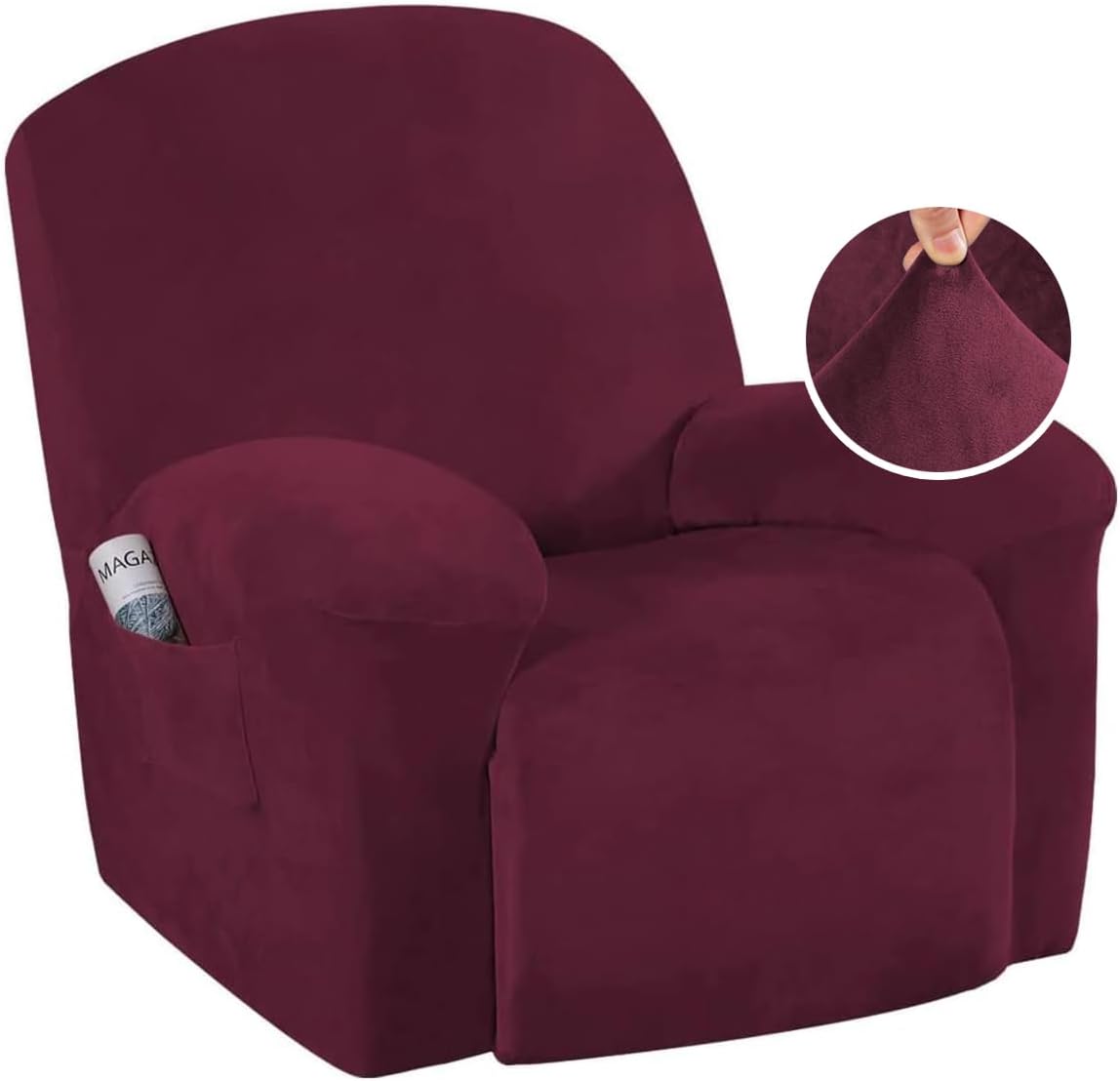 Stretch Recliner Covers 1-Piece Lazy Boy Recliner Chair Covers with Pocket Nonslip Recliner Slip Cover Stay in Place with Elastic Bottom Feature Velvet Plush Fabric(Recliner, Camel)
