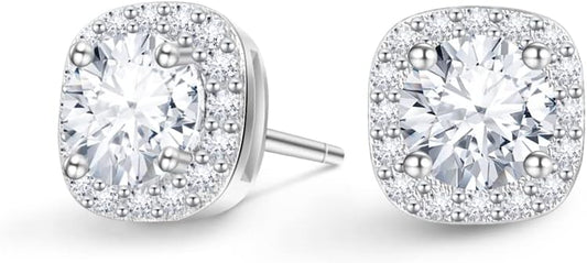 Moissanite Halo Earrings Diamond 18K White Gold Plated 925 Sterling Silver Studs for Men Women Jewelry Gifts