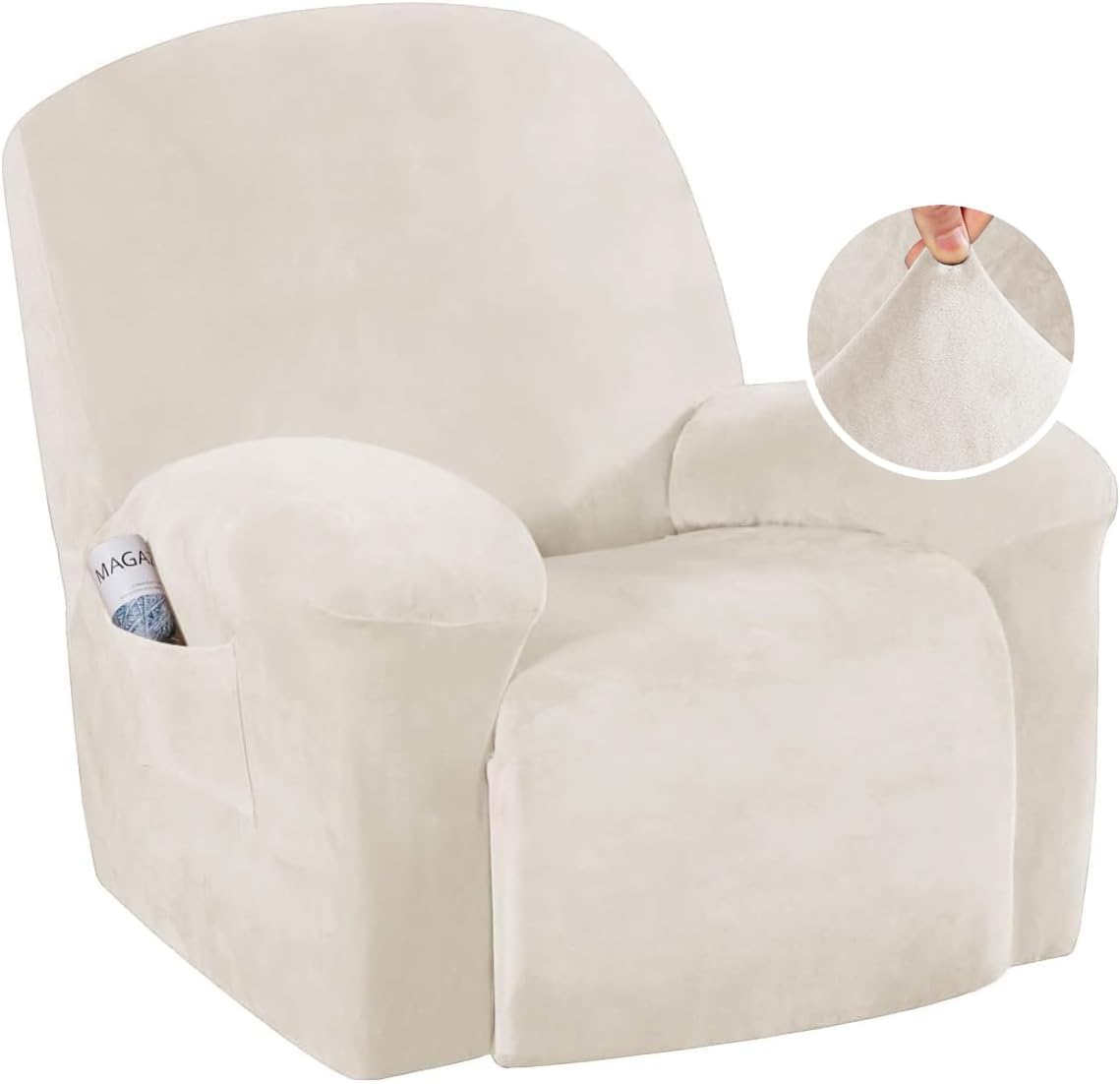 Stretch Recliner Covers 1-Piece Lazy Boy Recliner Chair Covers with Pocket Nonslip Recliner Slip Cover Stay in Place with Elastic Bottom Feature Velvet Plush Fabric(Recliner, Camel)