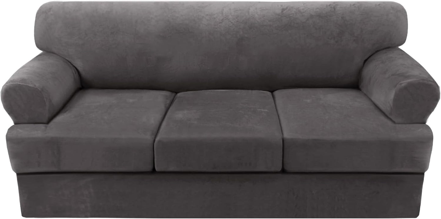 Sofa Cover 2 Piece T Cushion Armchair Slipcovers Thick Velvet Couch Cover Furniture Protector Stretch T Cushion Sofa Covers for 1 Cushion Couch with 1 Individual T Cushion Covers, Ivory