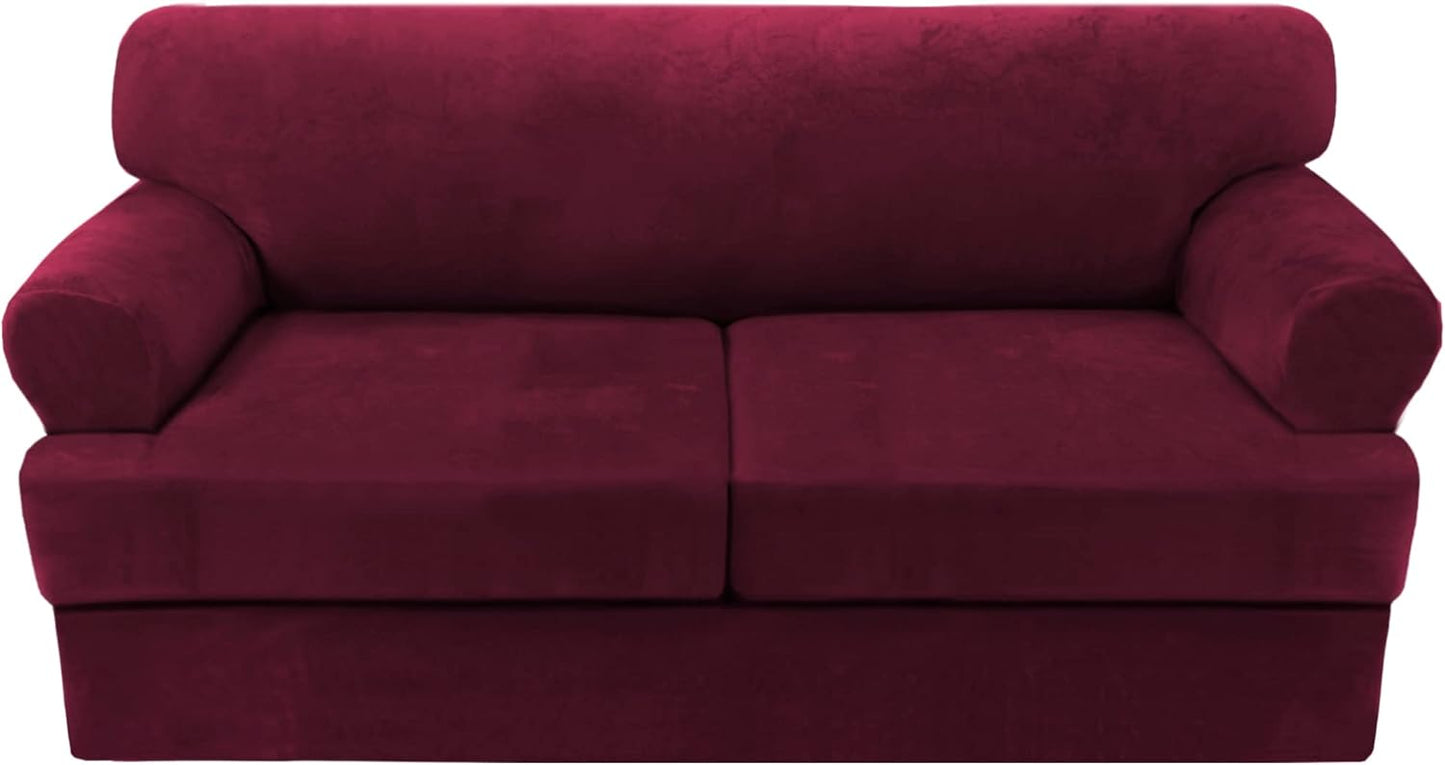 Sofa Cover 2 Piece T Cushion Armchair Slipcovers Thick Velvet Couch Cover Furniture Protector Stretch T Cushion Sofa Covers for 1 Cushion Couch with 1 Individual T Cushion Covers, Ivory