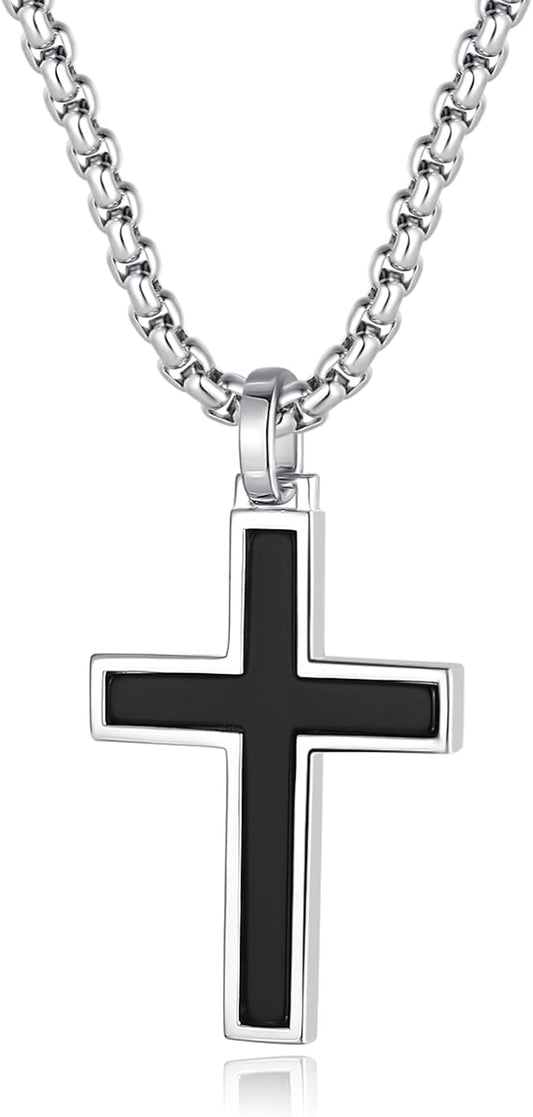 White Gold Plated 925 Solid Sterling Silver Polished Black Men's Womens Crucifix Cross Pendant Long Fine Jewelry Valentines Day Gifts for Him,Stainless Steel Box Chain Length 24''