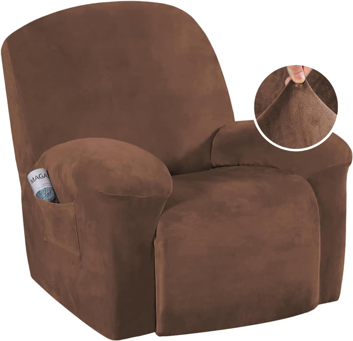 Stretch Recliner Covers 1-Piece Lazy Boy Recliner Chair Covers with Pocket Nonslip Recliner Slip Cover Stay in Place with Elastic Bottom Feature Velvet Plush Fabric(Recliner, Camel)