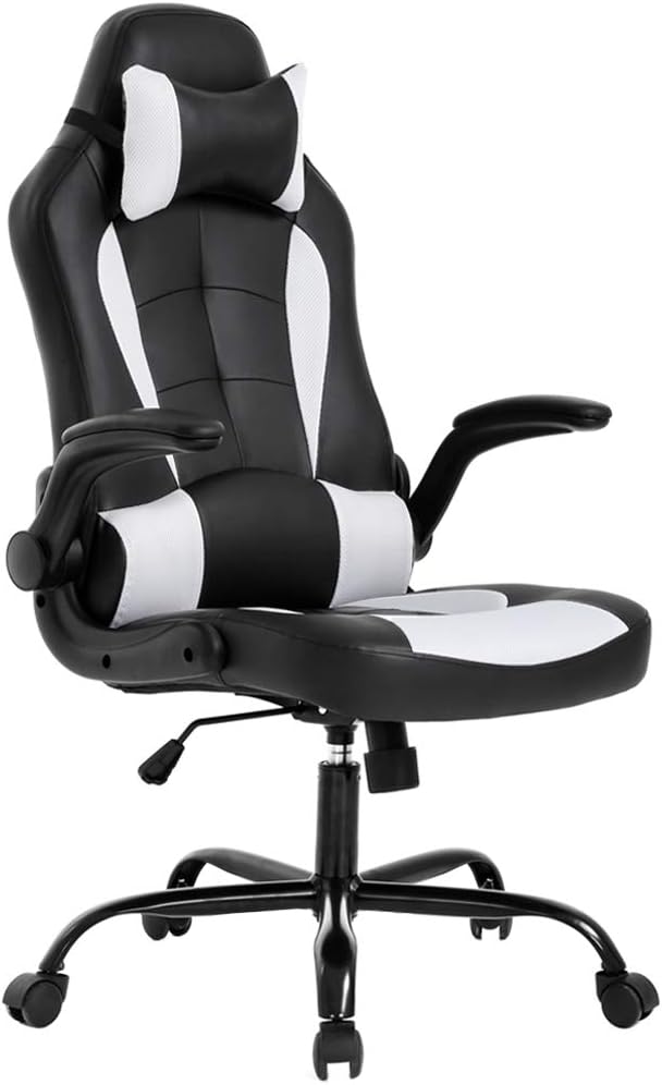 PC Gaming Chair Ergonomic Office Chair Desk Chair with Lumbar Support Flip Up Arms Headrest PU Leather Executive High Back Computer Chair for Adults Women Men (White)
