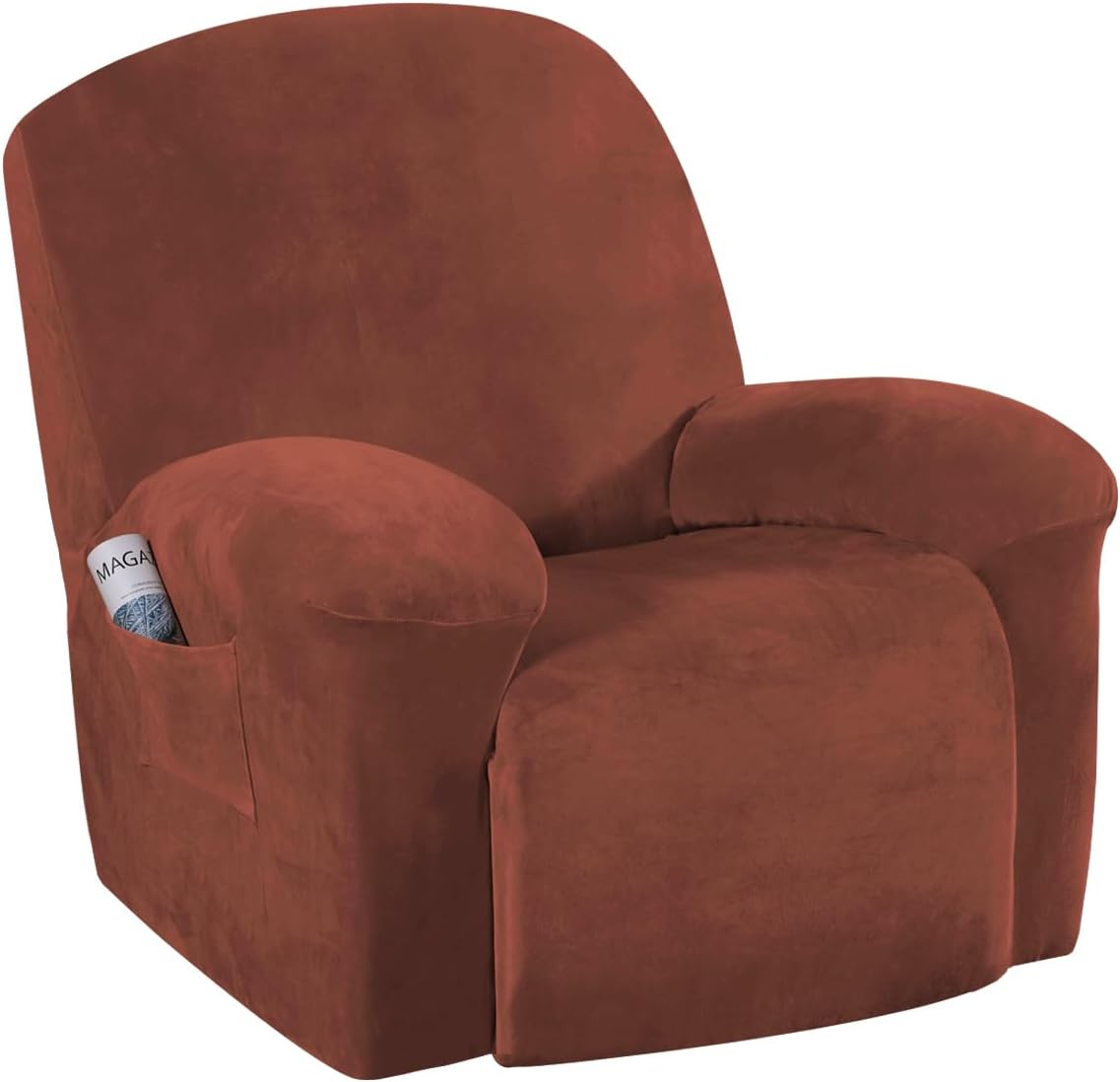 Stretch Recliner Covers 1-Piece Lazy Boy Recliner Chair Covers with Pocket Nonslip Recliner Slip Cover Stay in Place with Elastic Bottom Feature Velvet Plush Fabric(Recliner, Camel)