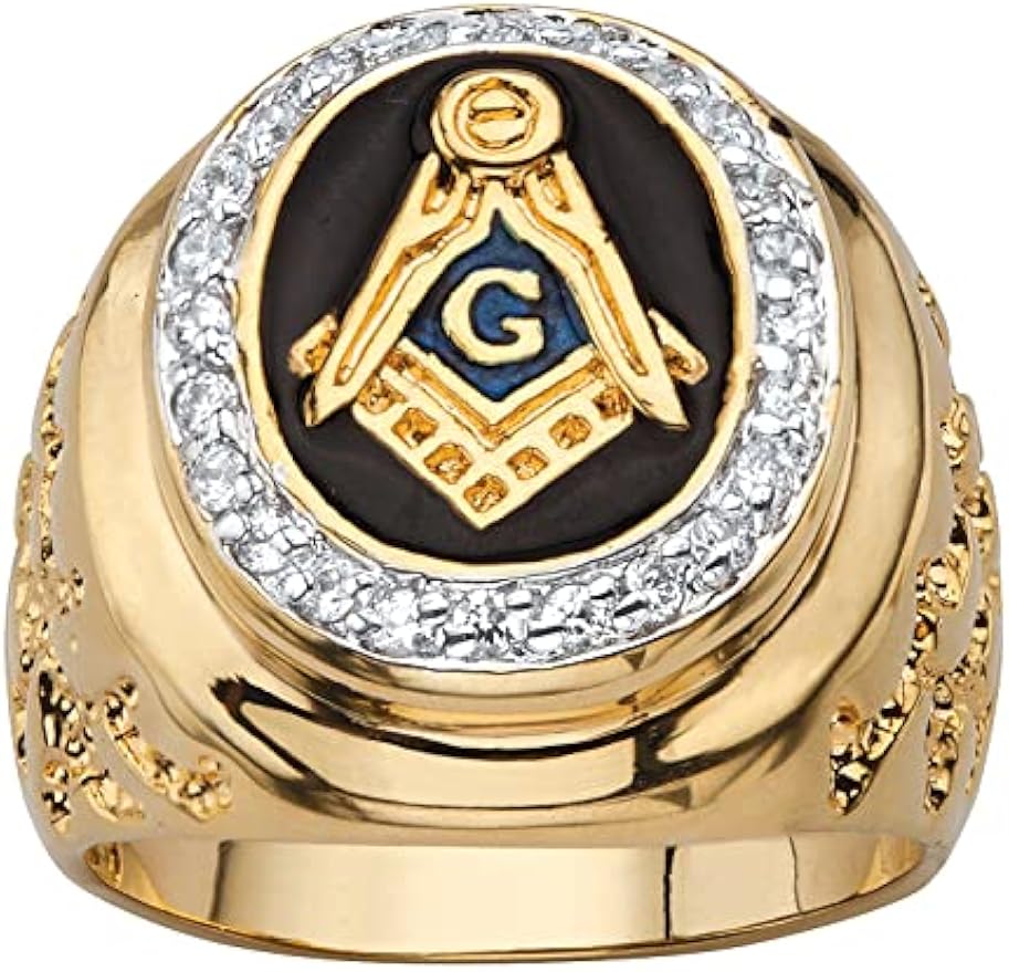 Men's Yellow Gold-Plated Round Cubic Zirconia Masonic Nugget Ring Sizes 9-14