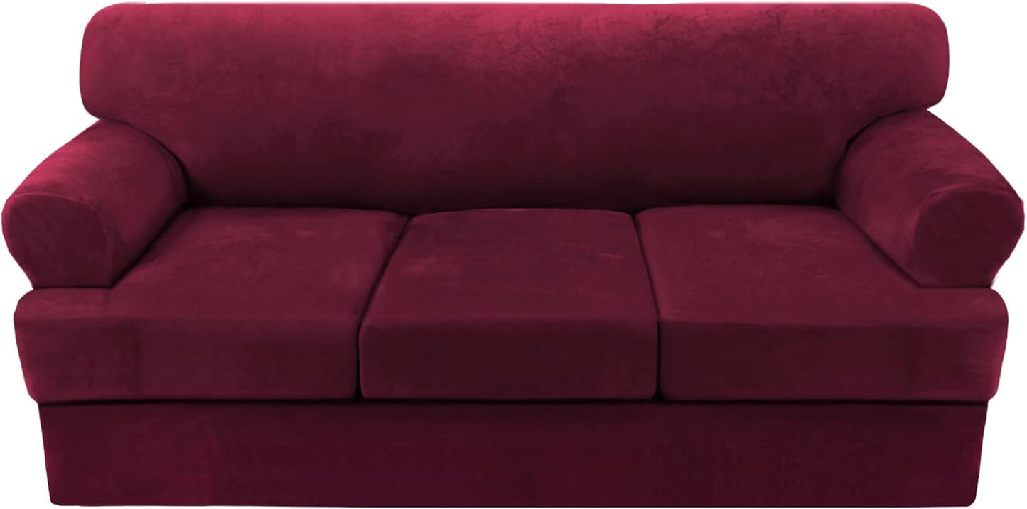 Sofa Cover 2 Piece T Cushion Armchair Slipcovers Thick Velvet Couch Cover Furniture Protector Stretch T Cushion Sofa Covers for 1 Cushion Couch with 1 Individual T Cushion Covers, Ivory