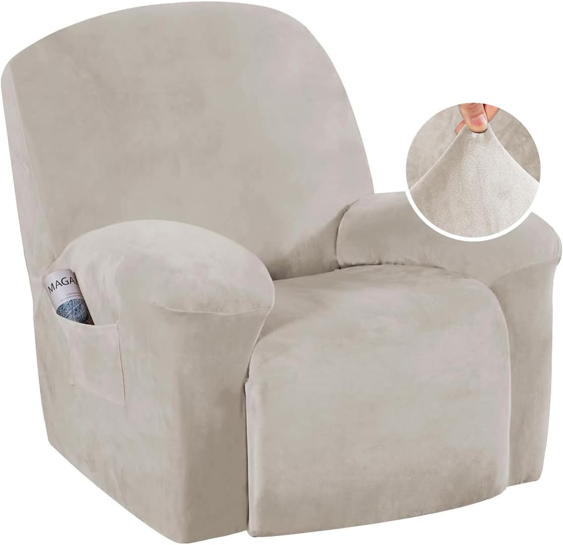 Stretch Recliner Covers 1-Piece Lazy Boy Recliner Chair Covers with Pocket Nonslip Recliner Slip Cover Stay in Place with Elastic Bottom Feature Velvet Plush Fabric(Recliner, Camel)