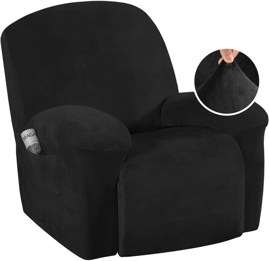 Stretch Recliner Covers 1-Piece Lazy Boy Recliner Chair Covers with Pocket Nonslip Recliner Slip Cover Stay in Place with Elastic Bottom Feature Velvet Plush Fabric(Recliner, Camel)