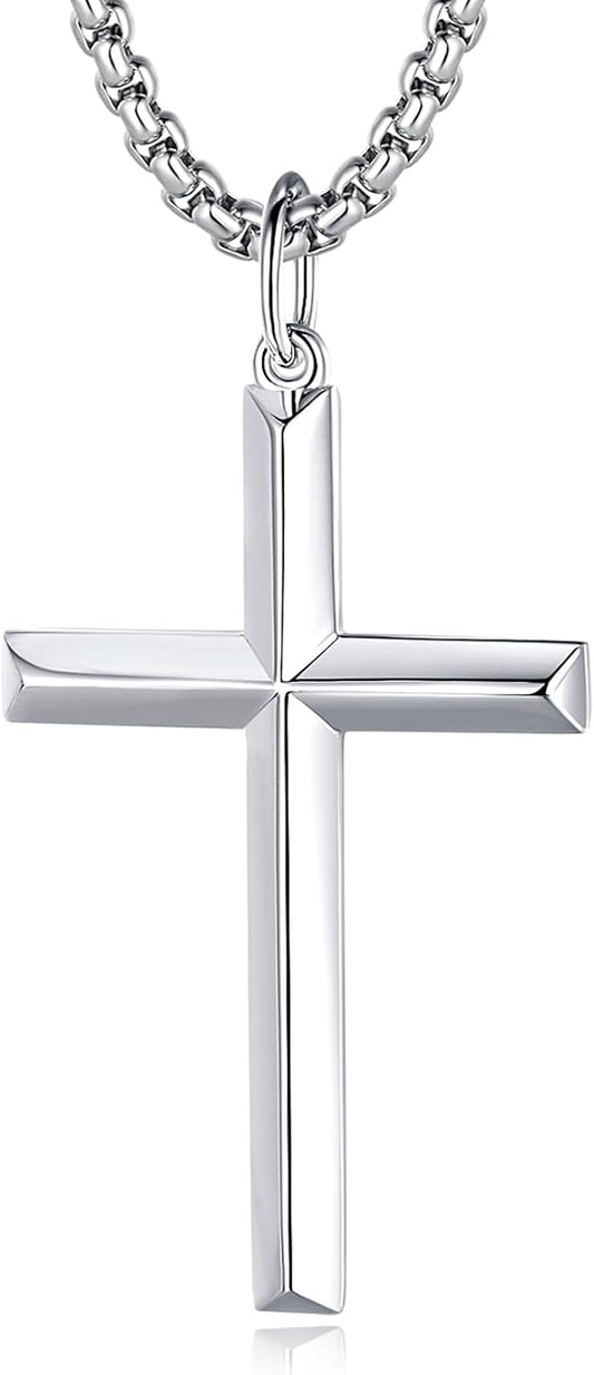 cross Necklace for Men Sterling Silver Cross Necklaces High Polished Gift For Men, Stainless Steel Box Chain Length 24 Inch