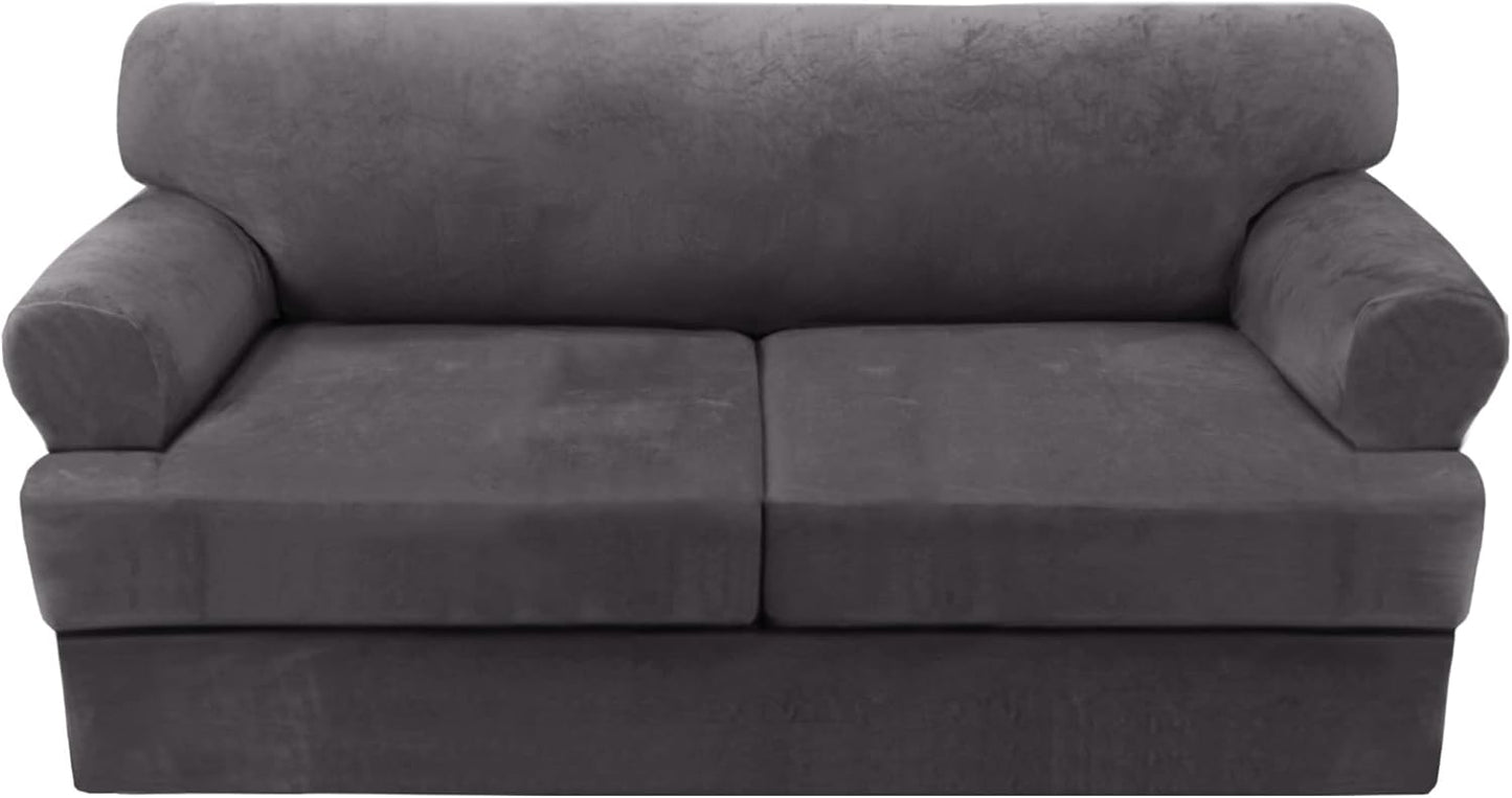 Sofa Cover 2 Piece T Cushion Armchair Slipcovers Thick Velvet Couch Cover Furniture Protector Stretch T Cushion Sofa Covers for 1 Cushion Couch with 1 Individual T Cushion Covers, Ivory