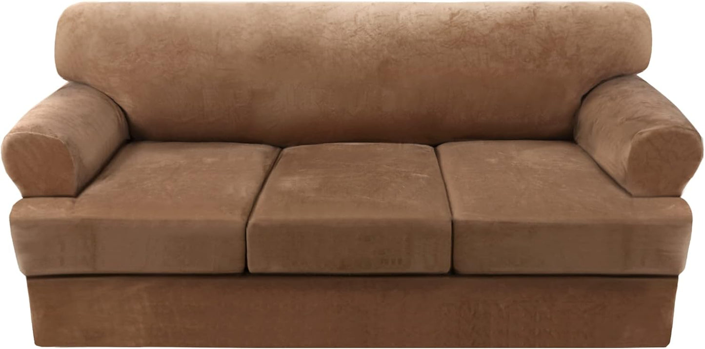 Sofa Cover 2 Piece T Cushion Armchair Slipcovers Thick Velvet Couch Cover Furniture Protector Stretch T Cushion Sofa Covers for 1 Cushion Couch with 1 Individual T Cushion Covers, Ivory