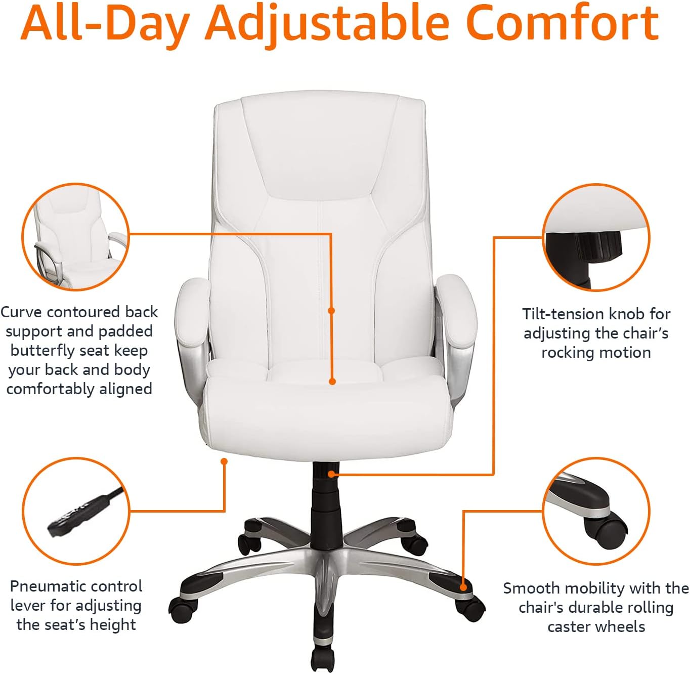 Basics Executive Home Office Desk Chair with Padded Armrests, Adjustable Height and Tilt, Rolling Swivel Chair, 275 Pound Capacity, White and Pewter
