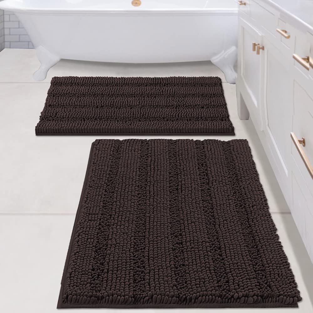 Black Bathroom Rug Set Extra Thick Striped Bath Mats for Bathroom Floor 2 Piece, Anti-Slip Bath Mat Set Soft Plush Chenille Shower Rugs for Bathroom Waterproof (20" x 32"/17" x 24")