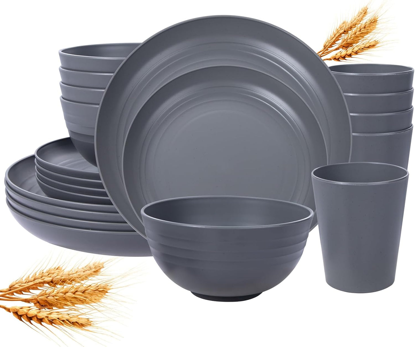 48pcs Grey Straw Dinnerware Set, Plates and Bowls Set, Camping Dish Set for 12, Plastic Dinnerware Set, Dishwasher Safe Dinnerware Set, Unbreakable Plates, Camper Dish Sets, Reusable Tableware