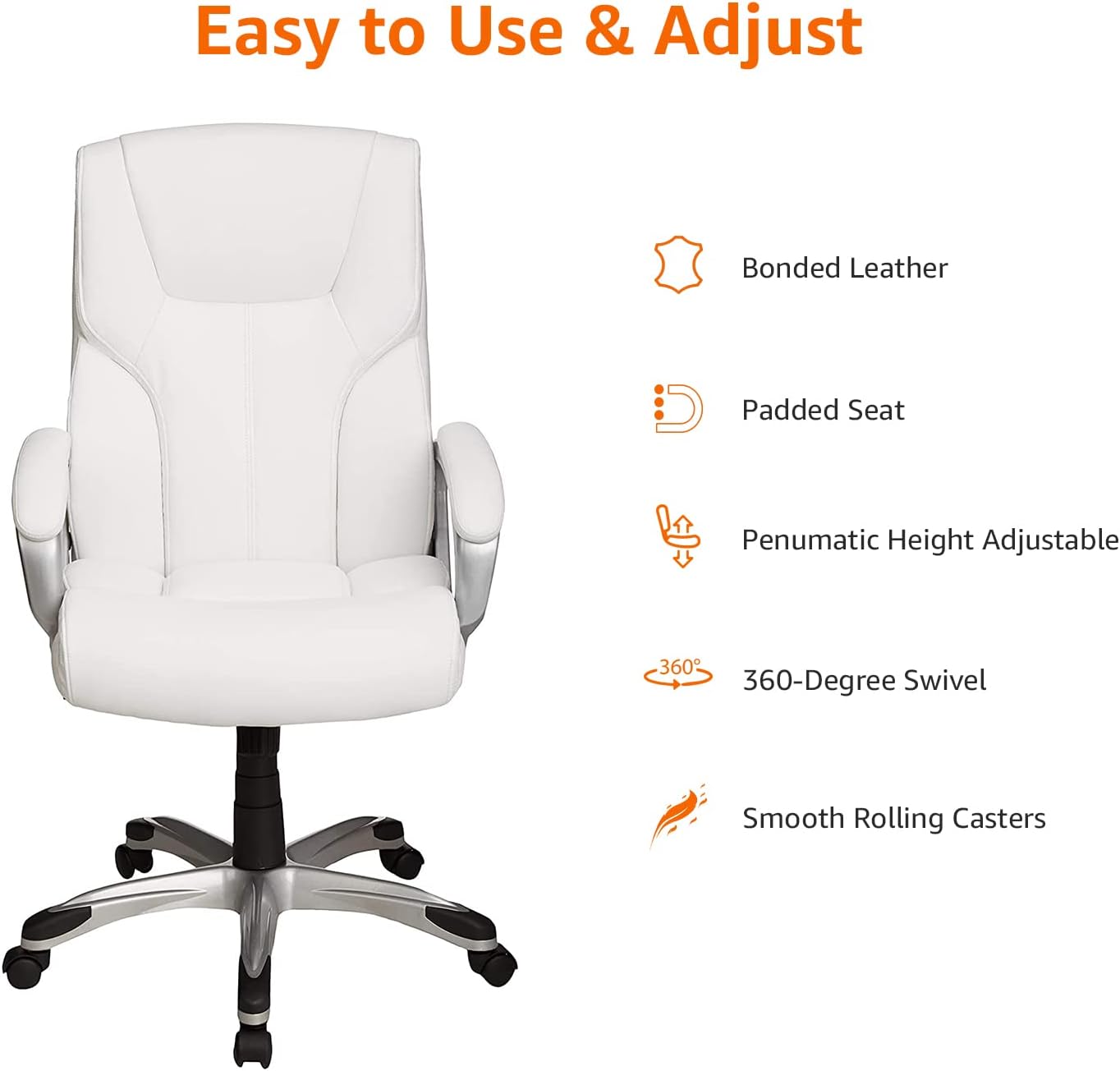Basics Executive Home Office Desk Chair with Padded Armrests, Adjustable Height and Tilt, Rolling Swivel Chair, 275 Pound Capacity, White and Pewter