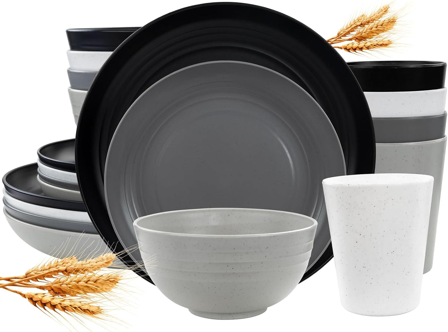 48pcs Grey Straw Dinnerware Set, Plates and Bowls Set, Camping Dish Set for 12, Plastic Dinnerware Set, Dishwasher Safe Dinnerware Set, Unbreakable Plates, Camper Dish Sets, Reusable Tableware