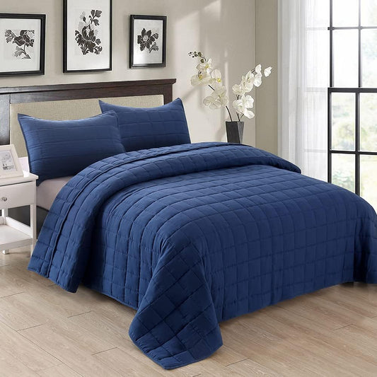 Twin Size Bedding Sets Navy Blue Bedspread Soft Pre-Washed Quilt Winter Bed Sets, 2 Piece, Cozy Reversible Microfiber Bed Coverlet with Pillow Sham (Square Pattern,66"x90")