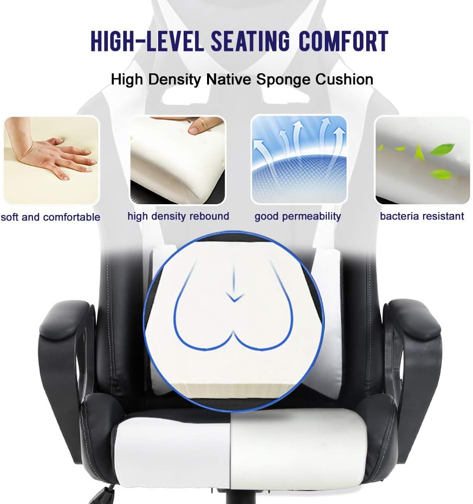 High-Back Gaming Chair PC Office Chair Computer Racing Chair PU Desk Task Chair Ergonomic Executive Swivel Rolling Chair with Lumbar Support for Back Pain Women, Men,White
