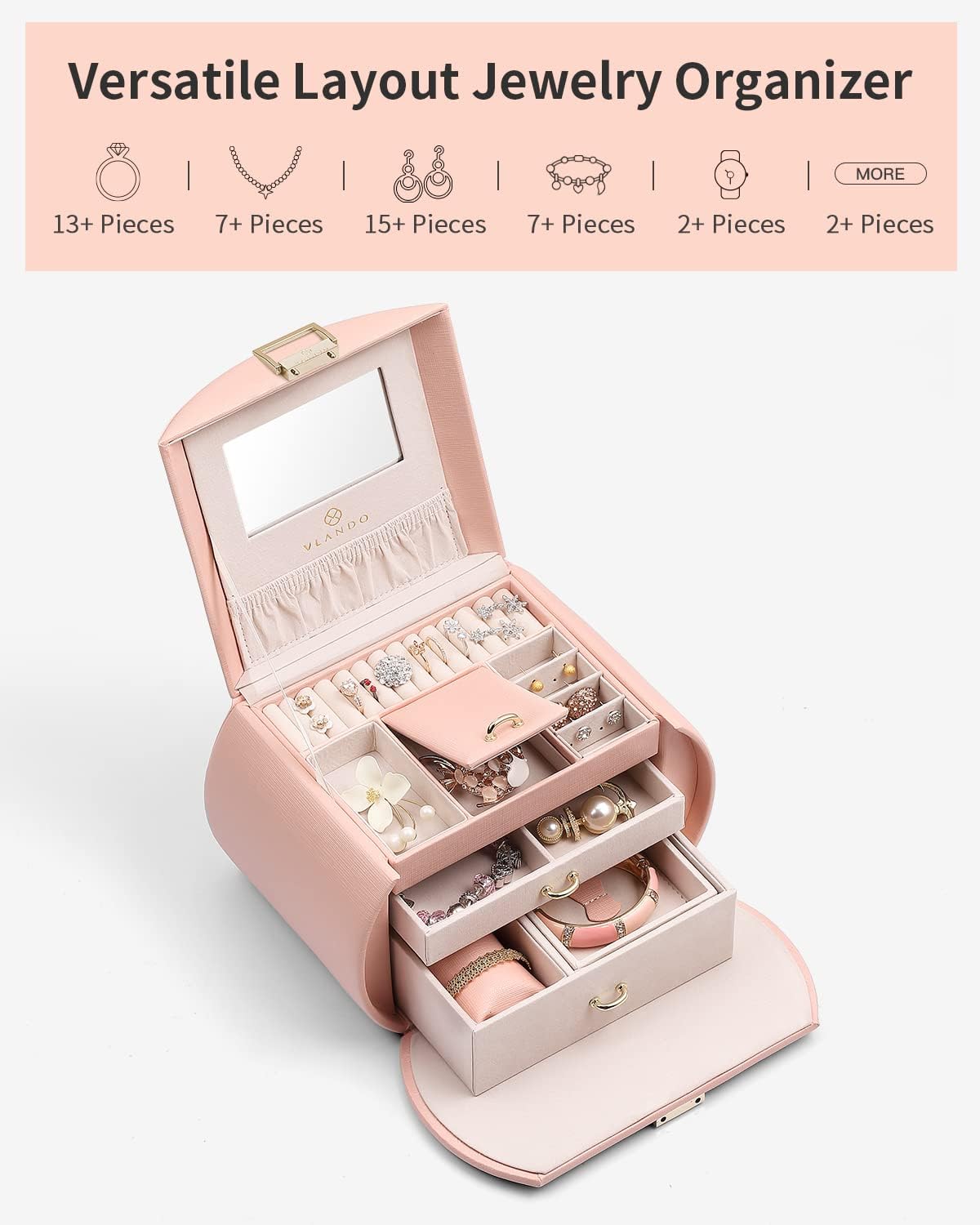 Princess Style Jewelry Box for Girls Jewelry Box Girls 12-14 3-Layer Kids Jewelry Box with Mirror Little Girls Jewelry Box 8-12 Birthday Gift for Teens Girls (Pink)
