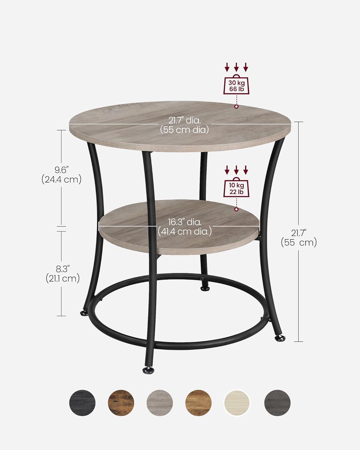 Side Table, Round End Table with 2 Storage Shelves for Living Room, Bedroom, Nightstand with Steel Frame for Small Spaces, Accent Coffee Table, Greige and Ink Black