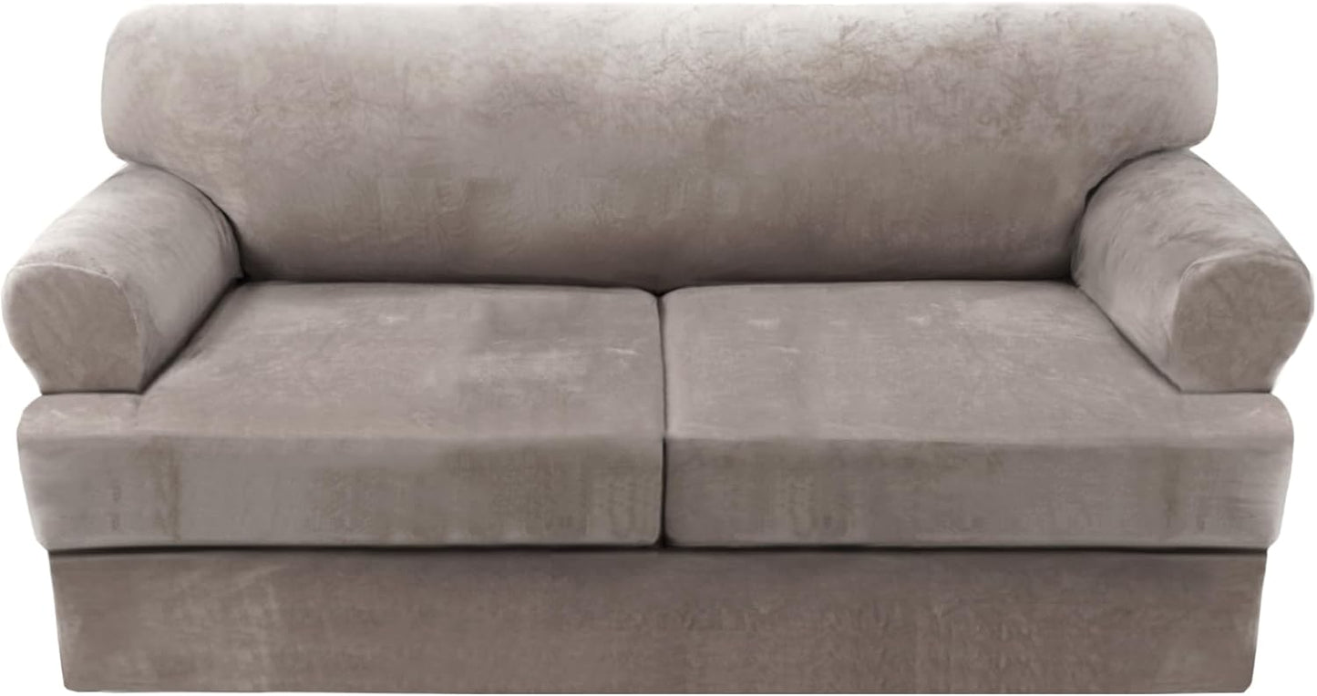 Sofa Cover 2 Piece T Cushion Armchair Slipcovers Thick Velvet Couch Cover Furniture Protector Stretch T Cushion Sofa Covers for 1 Cushion Couch with 1 Individual T Cushion Covers, Ivory