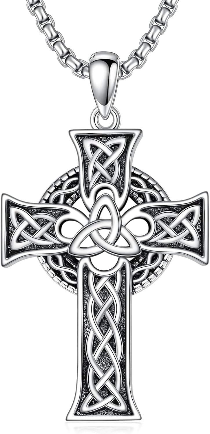 Celtic Cross Necklace For men Silver Cross Pendant Necklace Mens Celtic Cross Celtic Amulet Necklace Protection Jewelry Religious Gifts with 2.5mm 22"+2" Adjustable Rolo Chain